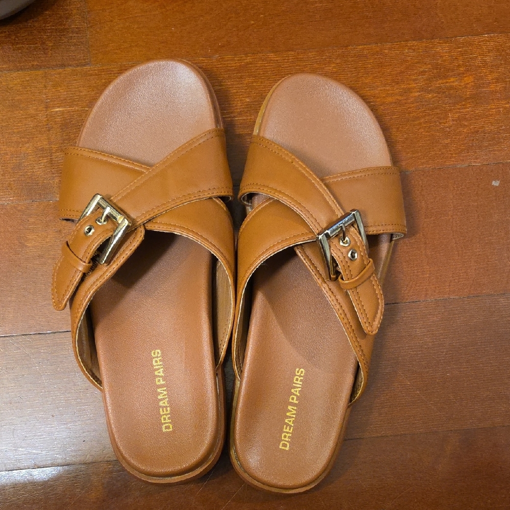 Dream Pairs Women's Cognac Buckle Slide Sandals